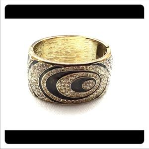 Signed Black and Gold Pave Hinged Bracelet Cuff
